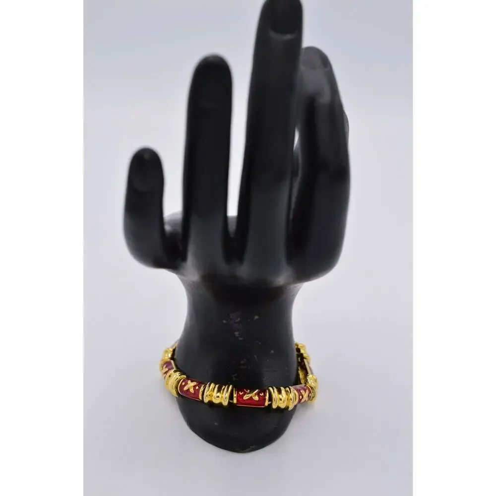 Joan Rivers Vintage Chain Bracelet Red Gold Enamel Tennis Signed 1990s Bin2